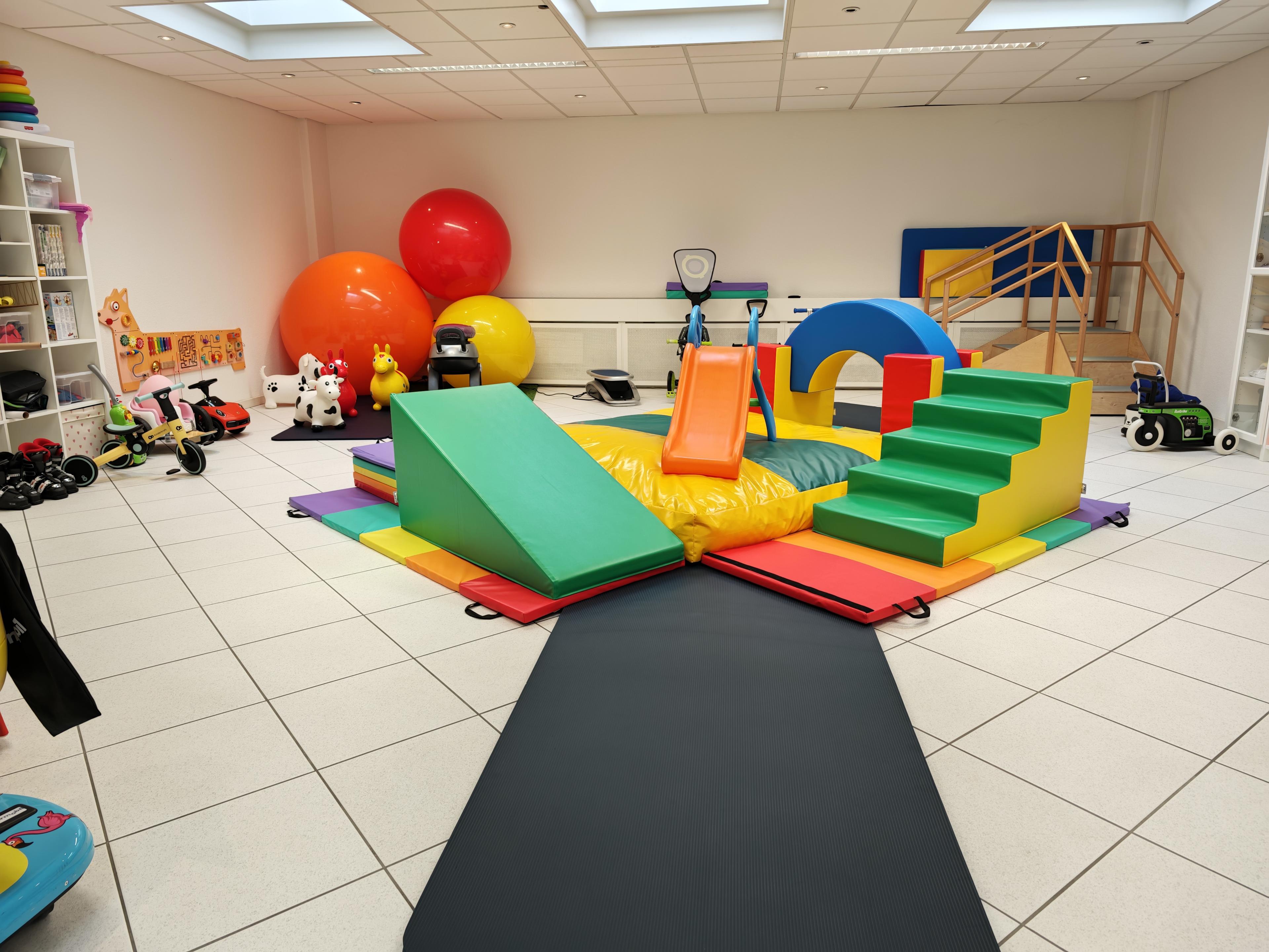 Soft-play therapy zone — gym balls, ride-ons, climbing equipment